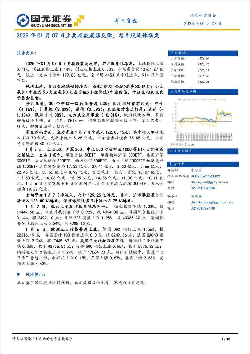 《2025年01月07日主要指数震荡反弹，芯片股集体爆发-250107-国元证券-12页》 - 第1页预览图