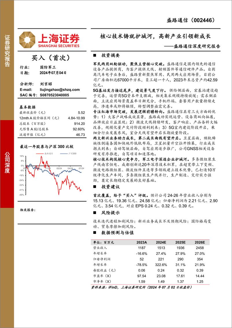 《上海证券-盛路通信-002446-盛路通信深度研究报告：核心技术铸就护城河，高新产业引领新成长》 - 第1页预览图