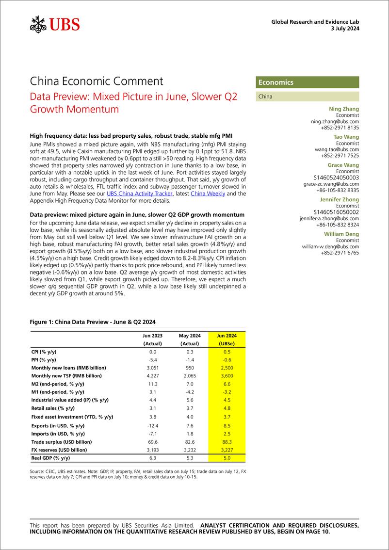 《UBS Economics-China Economic Comment _Data Preview Mixed Picture in June,...-108991649》 - 第1页预览图