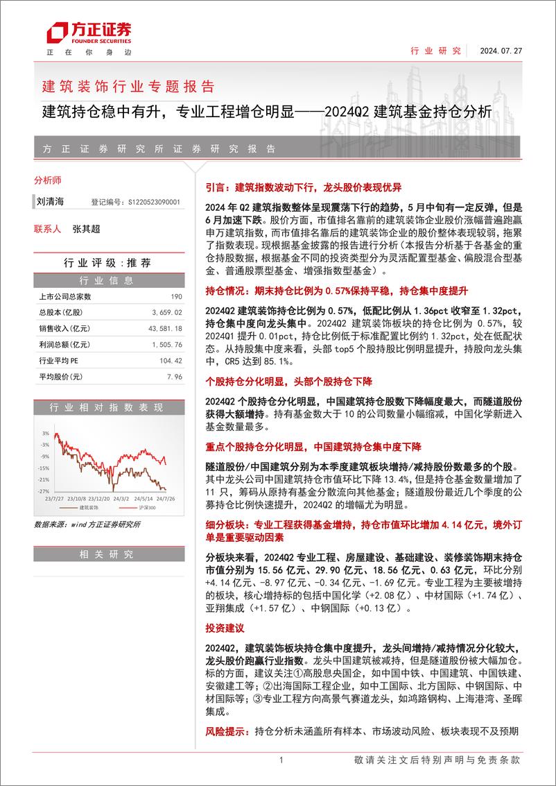 《建筑装饰行业专题报告：2024Q2建筑基金持仓分析，建筑持仓稳中有升，专业工程增仓明显-240727-方正证券-27页》 - 第1页预览图