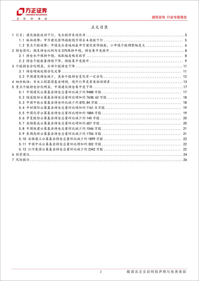 《建筑装饰行业专题报告：2024Q2建筑基金持仓分析，建筑持仓稳中有升，专业工程增仓明显-240727-方正证券-27页》 - 第2页预览图