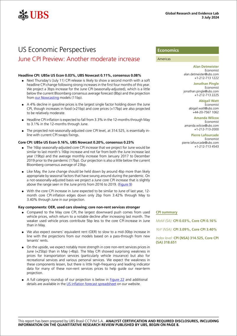 《UBS Economics-US Economic Perspectives _June CPI Preview Another moderate...-109003744》 - 第1页预览图