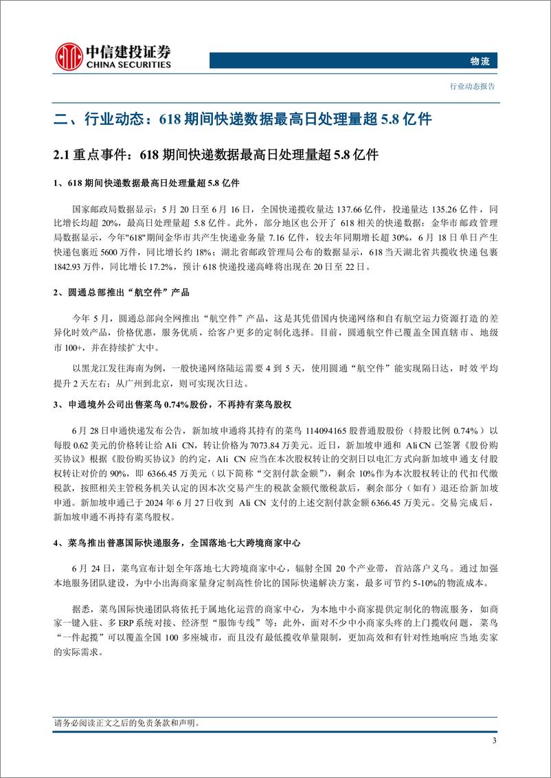 《物流行业：618期间快递数据最高日处理量超5.8亿件，申通完成菜鸟股权出售-240630-中信建投-21页》 - 第6页预览图