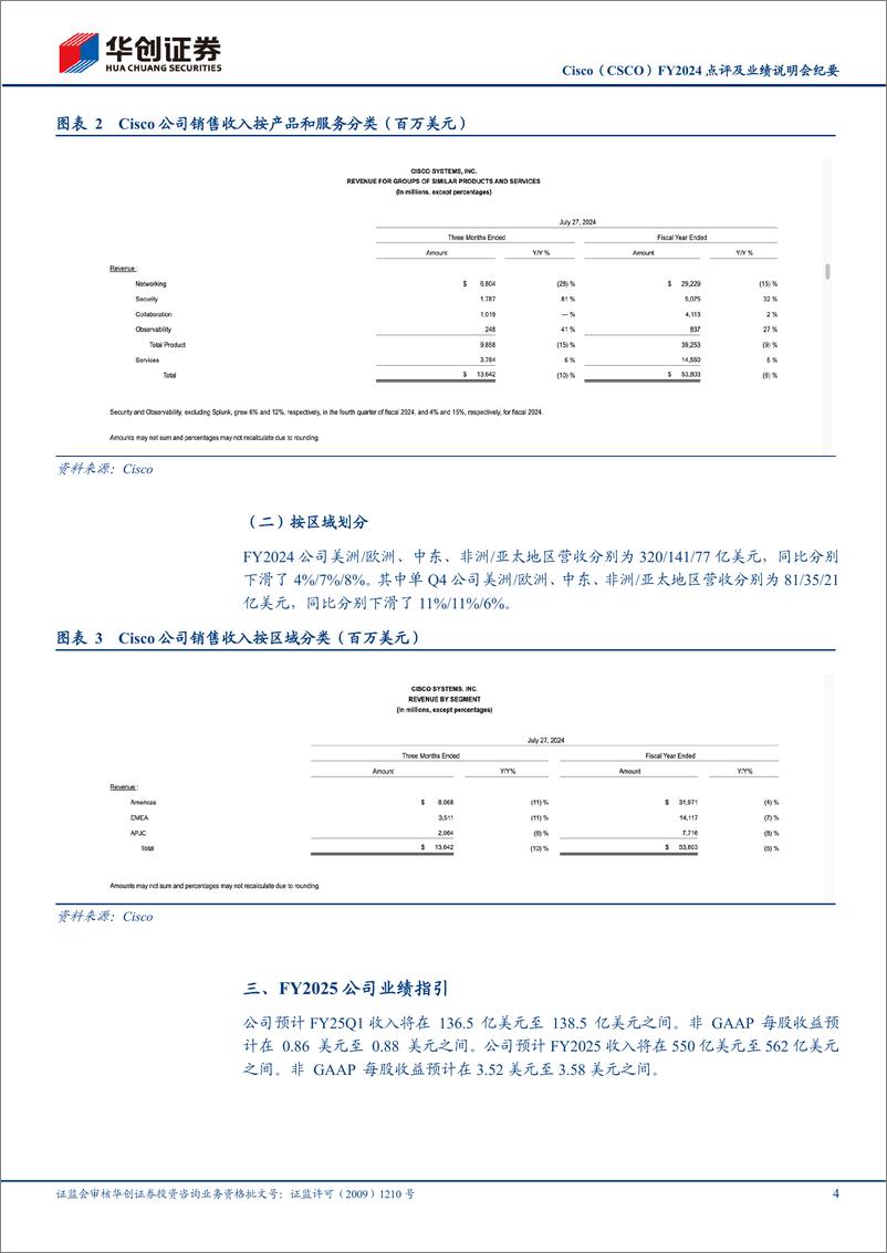 《通信行业：Cisco(CSCO)FY2024点评及业绩说明会纪要，公司业绩有所承压，AI领域指引乐观-240821-华创证券-11页》 - 第4页预览图