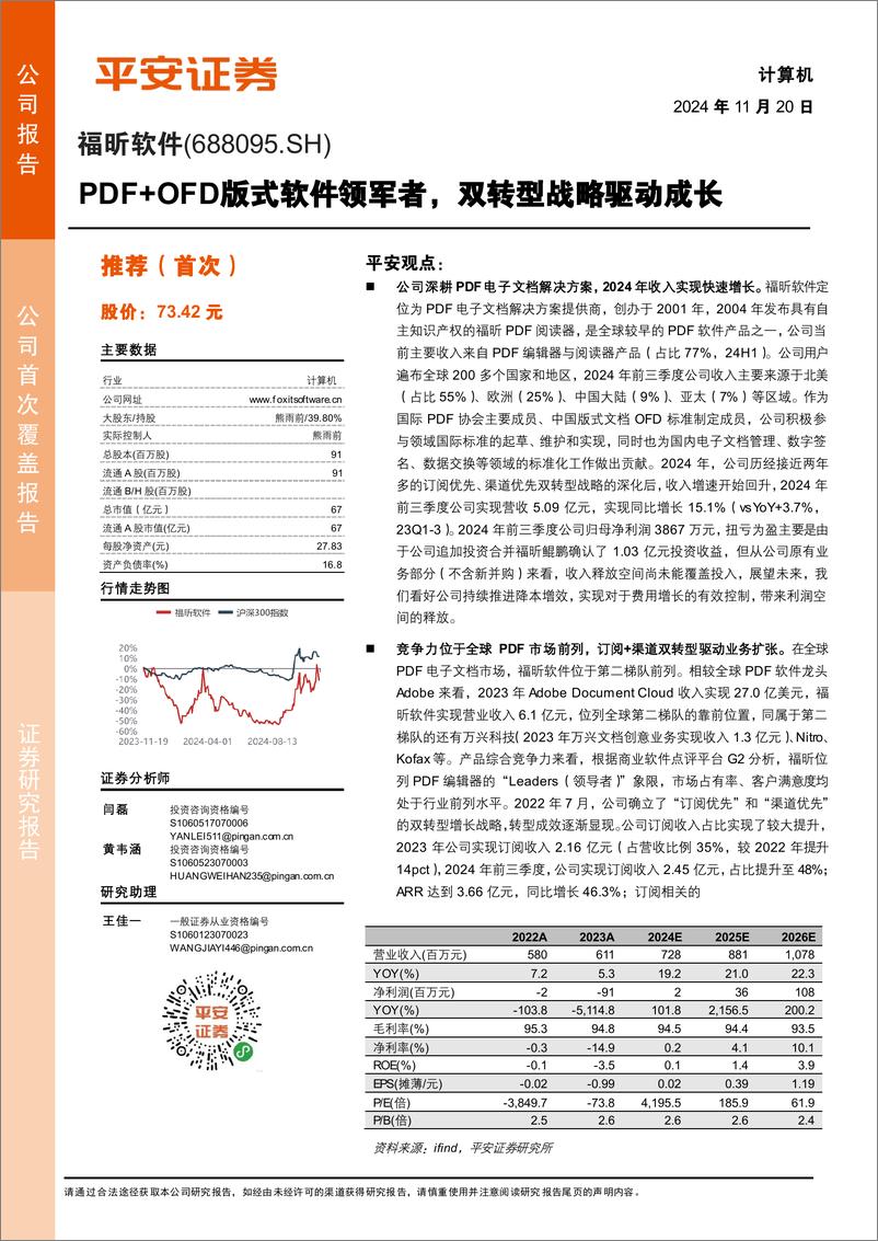 《福昕软件(688095)PDF%2bOFD版式软件领军者，双转型战略驱动成长-241120-平安证券-28页》 - 第1页预览图