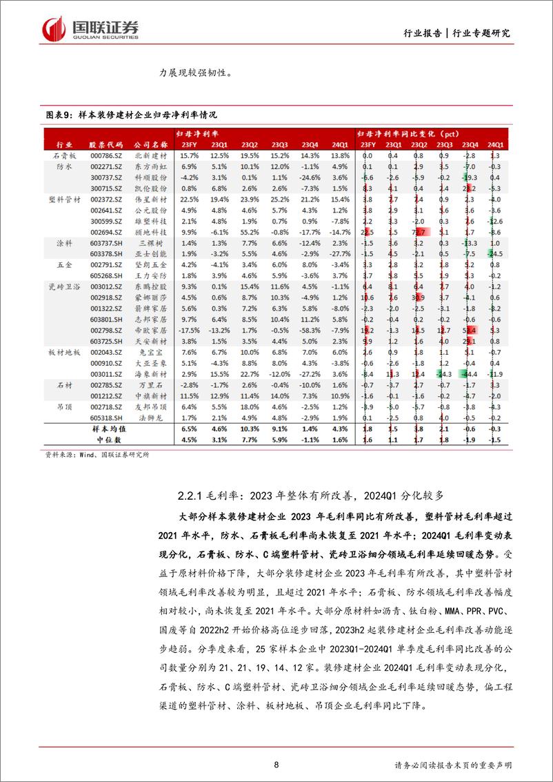 《国联证券-建筑材料及新材料行业专题研究：装修建材企业动态：规模恢复性增长、经营质量改善》 - 第8页预览图