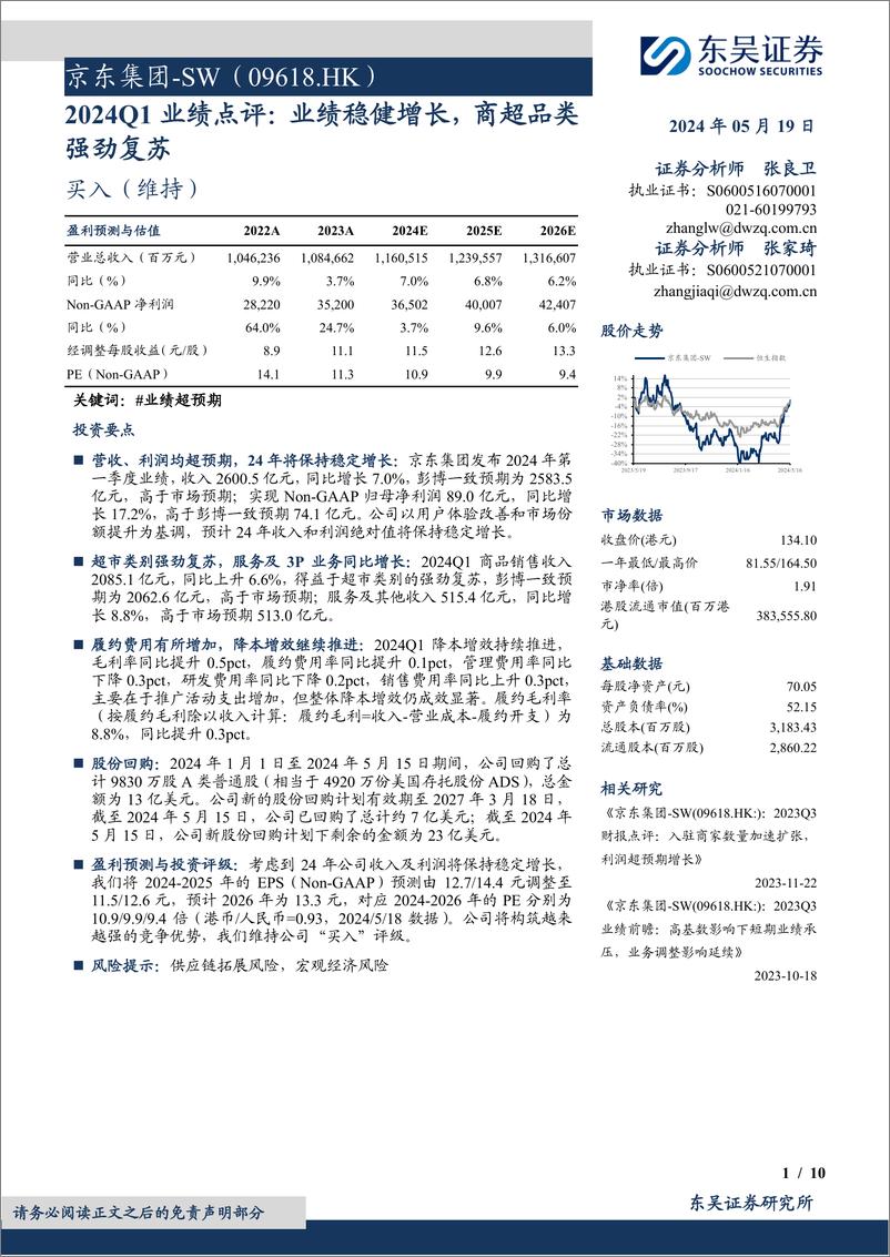 《京东集团-SW(09618.HK)2024Q1业绩点评：业绩稳健增长，商超品类强劲复苏-240519-东吴证券-10页》 - 第1页预览图