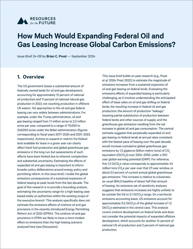 《未来能源研究所-扩大联邦石油和天然气租赁会增加多少全球碳排放？（英）-2024.9-11页》 - 第1页预览图