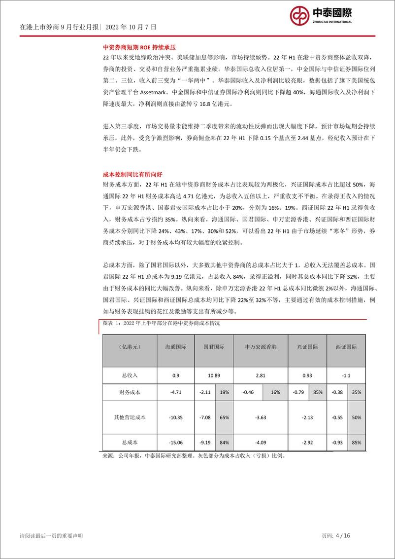 《非银金融行业：港股中资券商三季度持续承压-20221007-中泰国际-16页》 - 第5页预览图