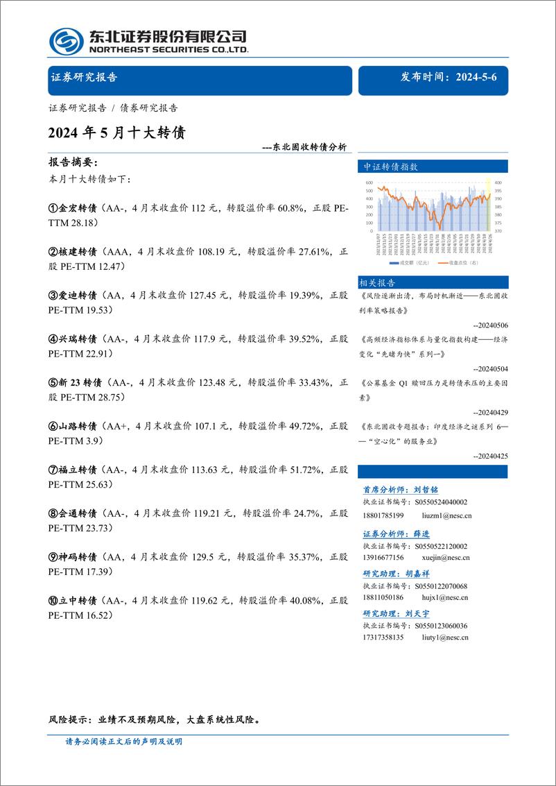 《固收转债分析：2024年5月十大转债-240506-东北证券-26页》 - 第1页预览图