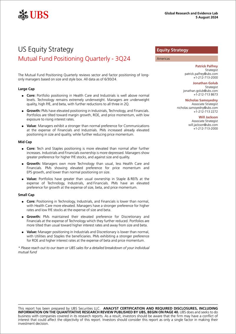 《UBS Equities-US Equity Strategy _Mutual Fund Positioning Quarterly - 3Q24...-109666108》 - 第1页预览图