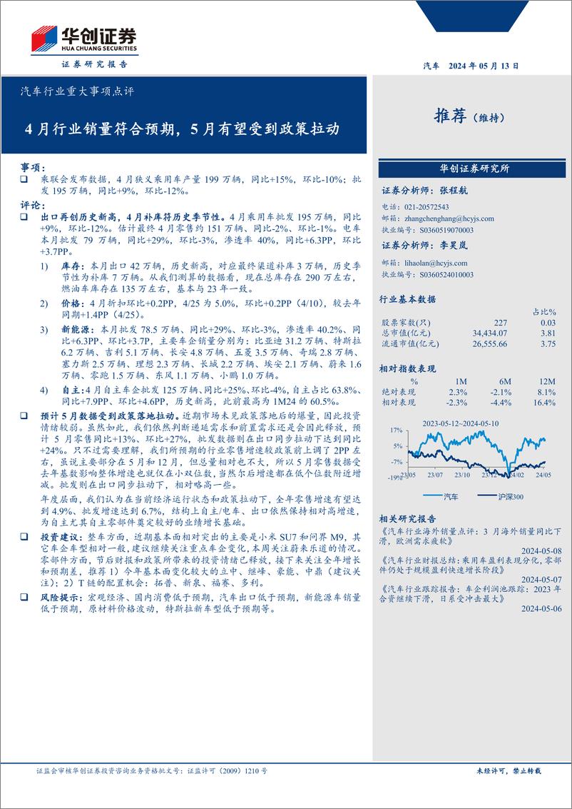 《汽车行业重大事项点评：4月行业销量符合预期，5月有望受到政策拉动-240513-华创证券-14页》 - 第1页预览图