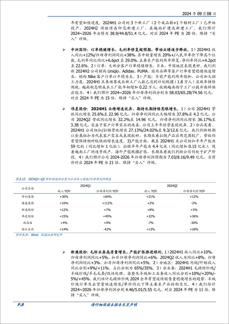 《纺织服饰行业2024H1总结：制造公司延续良好增长，品牌板块中运动表现领先-240908-国盛证券-26页》 - 第8页预览图