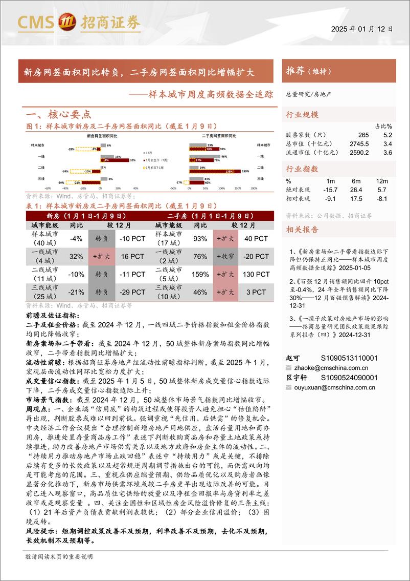 《房地产行业样本城市周度高频数据全追踪：新房网签面积同比转负，二手房网签面积同比增幅扩大-250112-招商证券-12页》 - 第1页预览图