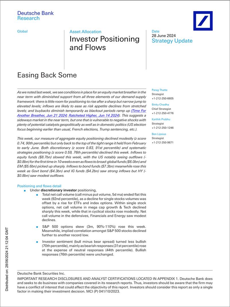 《Deutsche Bank-Investor Positioning and Flows Easing Back Some》 - 第1页预览图