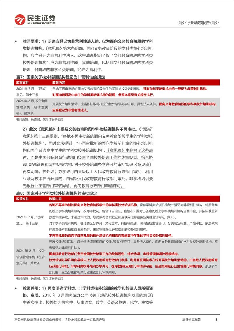 教培行业研究系列（四）：《校外培训管理条例（征求意见稿）》政策深度点评：固根本、稳预期、利长远，校外培训管理法治化更进一步-20240217-民生证券-19页 - 第8页预览图