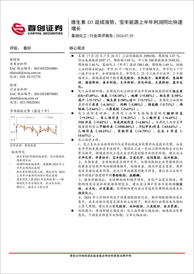 《基础化工行业简评报告：维生素D3延续涨势，宝丰能源上半年利润同比快速增长-240729-首创证券-15页》 - 第1页预览图