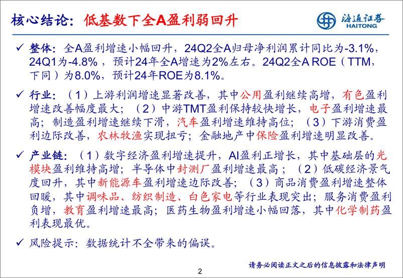 《24年Q2财报点评：低基数下全A盈利弱回升-240831-海通证券-36页》 - 第2页预览图