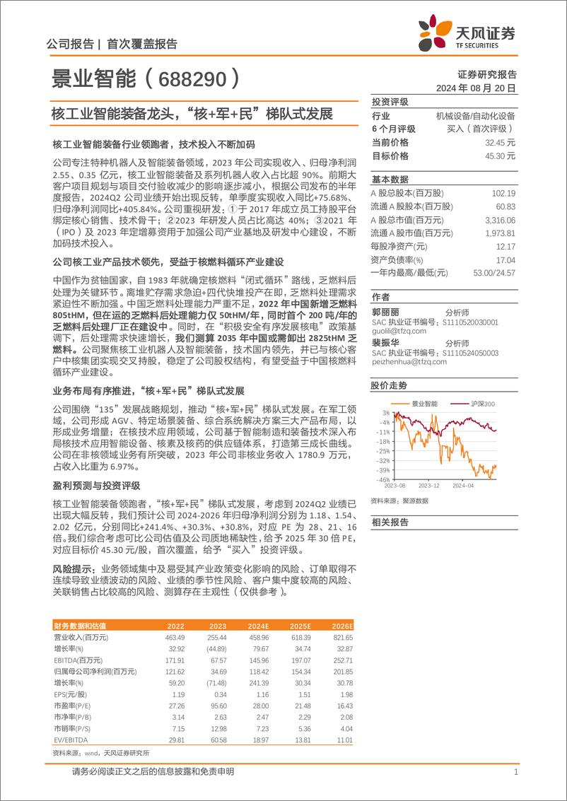 《景业智能(688290)核工业智能装备龙头，“核%2b军%2b民”梯队式发展-240820-天风证券-19页》 - 第1页预览图