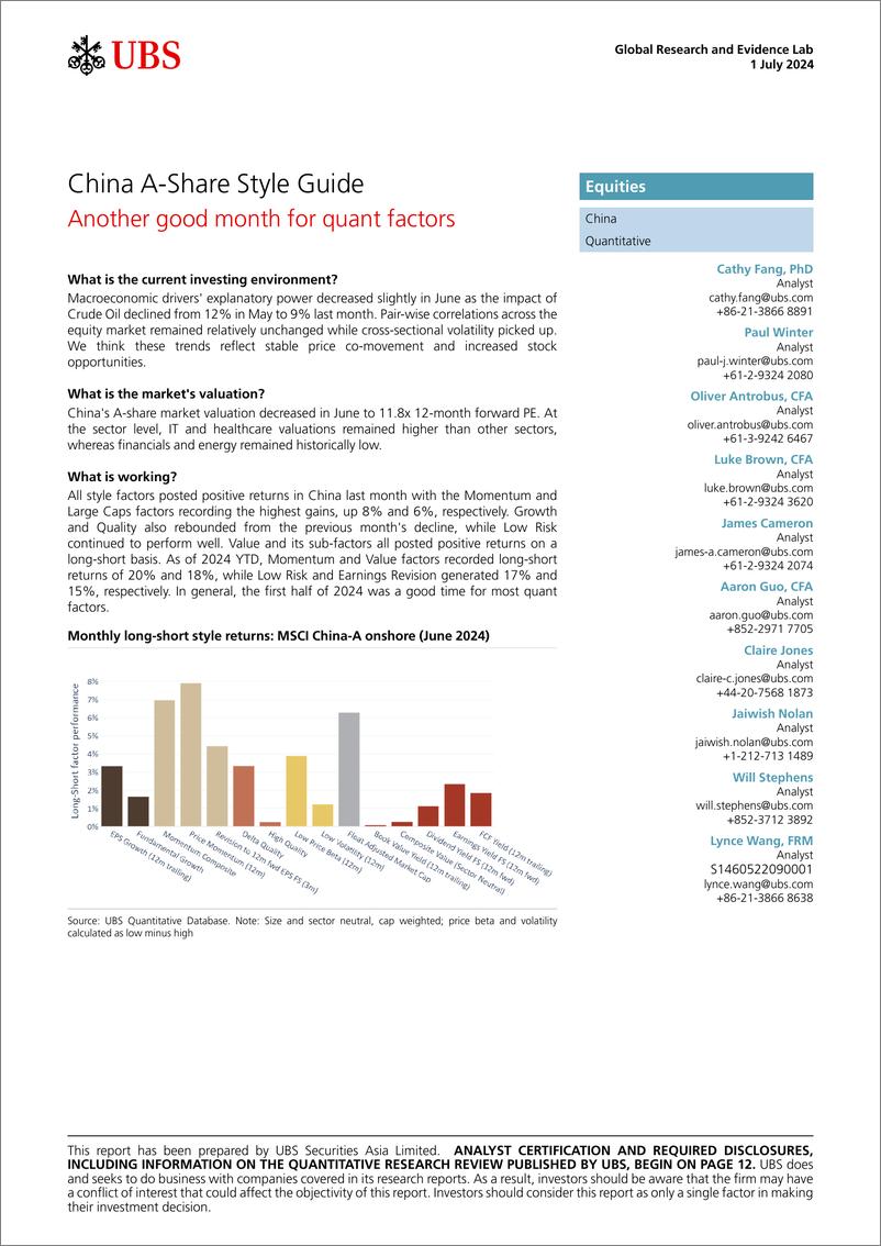 《UBS Equities-China A-Share Style Guide _Another good month for quant fact...-108939541》 - 第1页预览图