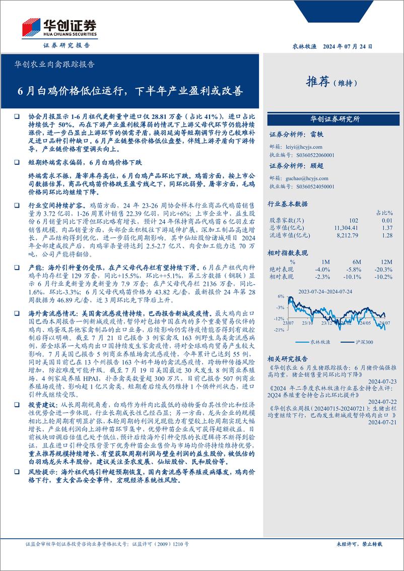 《华创农业行业肉禽跟踪报告：6月白鸡价格低位运行，下半年产业盈利或改善-240724-华创证券-13页》 - 第1页预览图