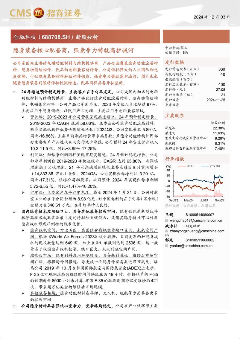 《佳驰科技(688708)新股分析：隐身装备核心配套商，强竞争力铸就高护城河-241203-招商证券-27页》 - 第1页预览图