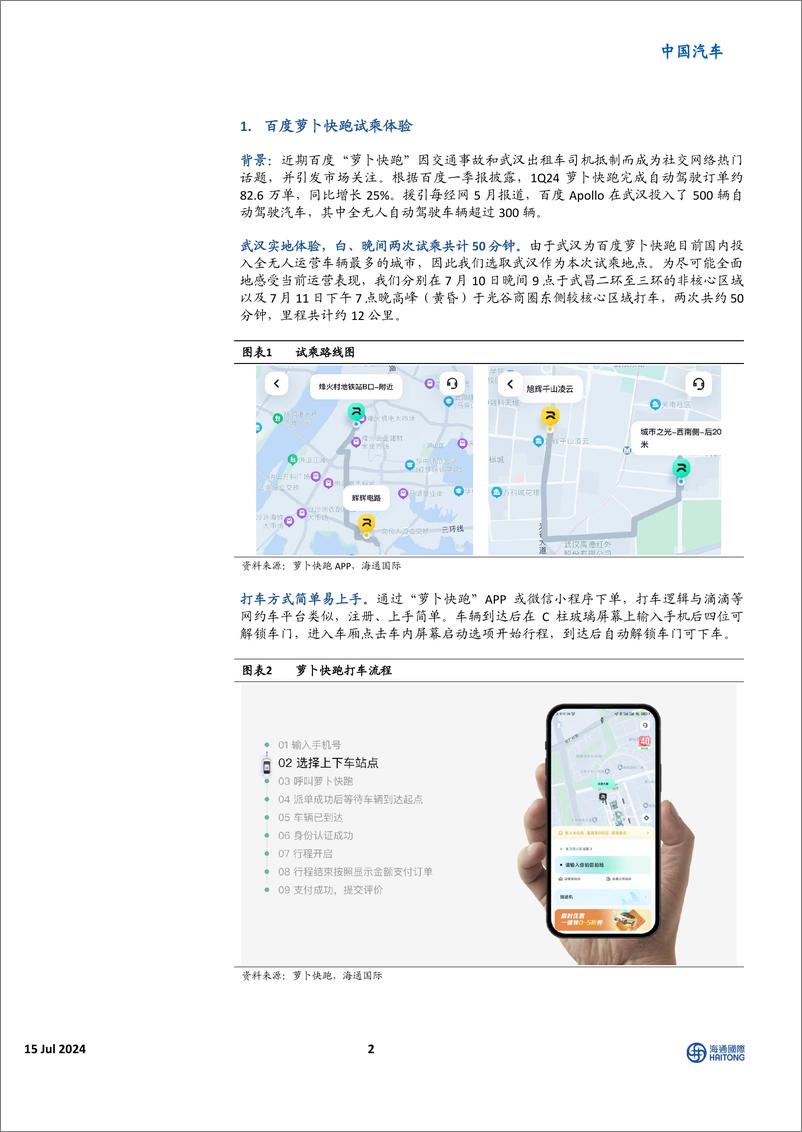 《中国汽车行业：百度萝卜快跑体验报告，Robotaxi发展现状与展望-240715-海通国际-15页》 - 第2页预览图