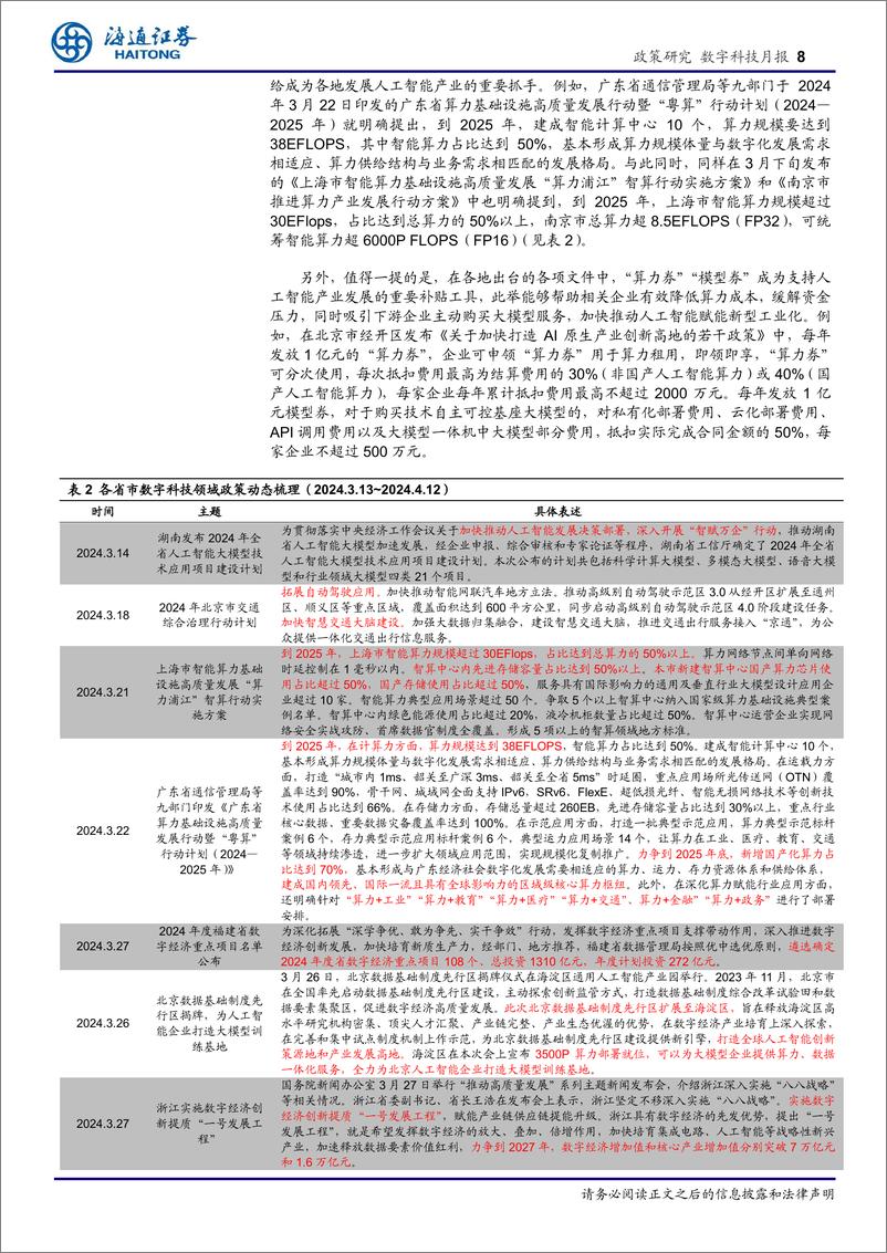 《数字科技月报：多省市出台支持AI的新政从“%2b”到“×”将成为数字经济影响国民经济奇点-240417-海通证券-21页》 - 第8页预览图