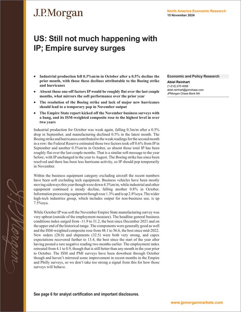 《JPMorgan Econ  FI-US Still not much happening with IP; Empire survey surges-111620644》 - 第1页预览图