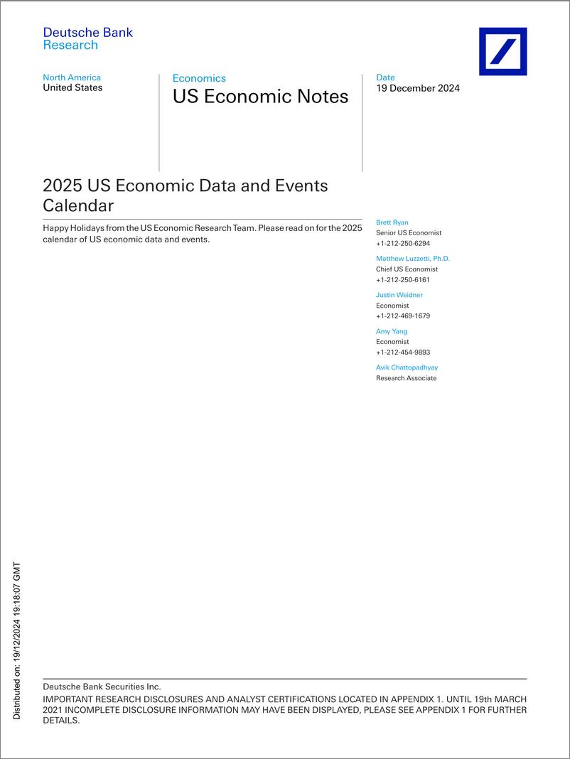 《Deutsche Bank-US Economic Notes 2025 US Economic Data and Events Calendar-112298960》 - 第1页预览图