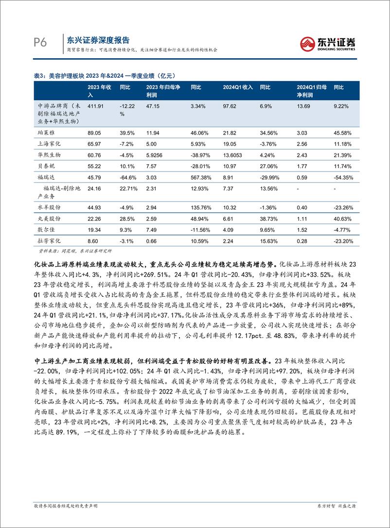 《商贸零售行业2023年报和2024年一季报总结：可选消费持续分化，关注细分赛道和行业龙头的结构性机会-240522-东兴证券-13页》 - 第6页预览图