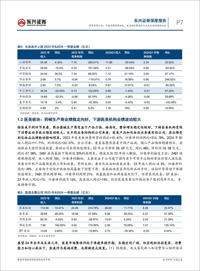 《商贸零售行业2023年报和2024年一季报总结：可选消费持续分化，关注细分赛道和行业龙头的结构性机会-240522-东兴证券-13页》 - 第7页预览图