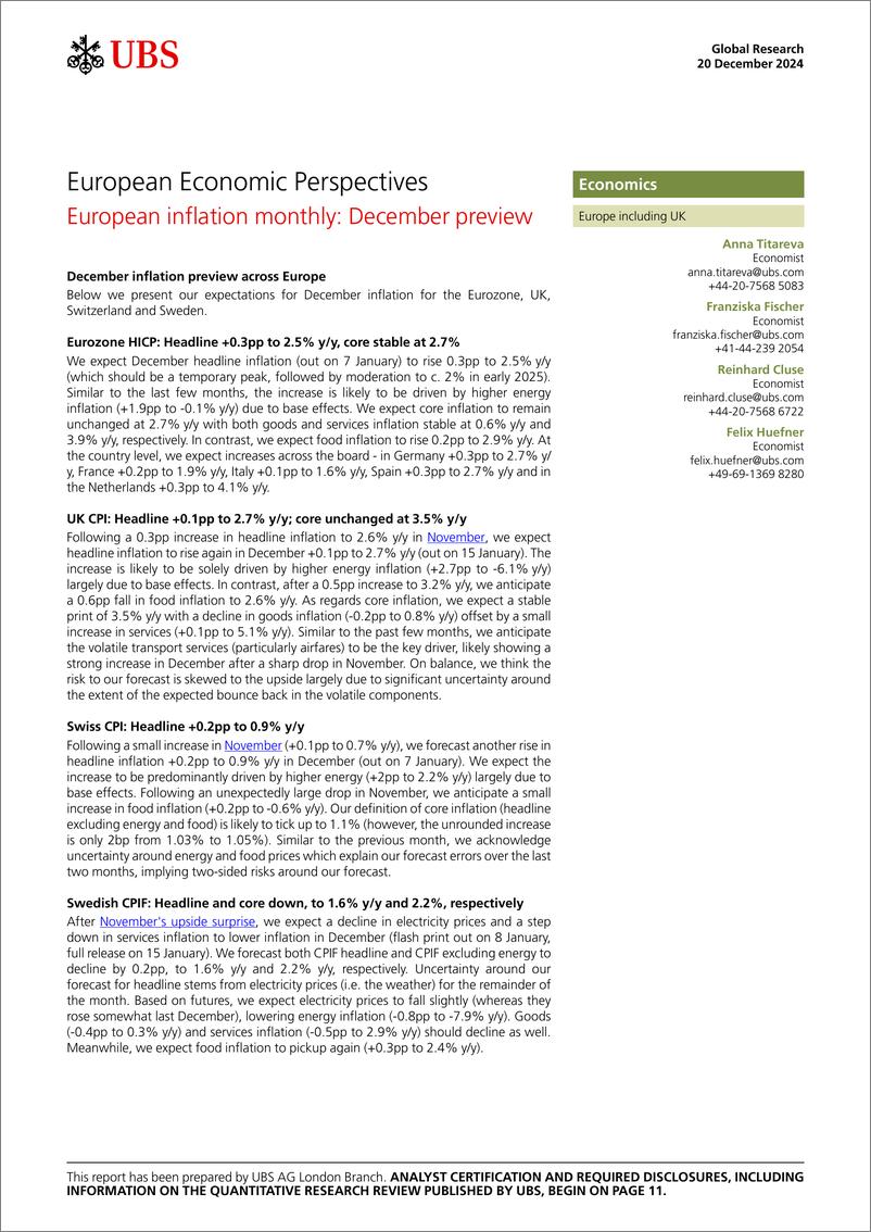 《UBS Economics-European Economic Perspectives _European inflation monthly ...-112301271》 - 第1页预览图