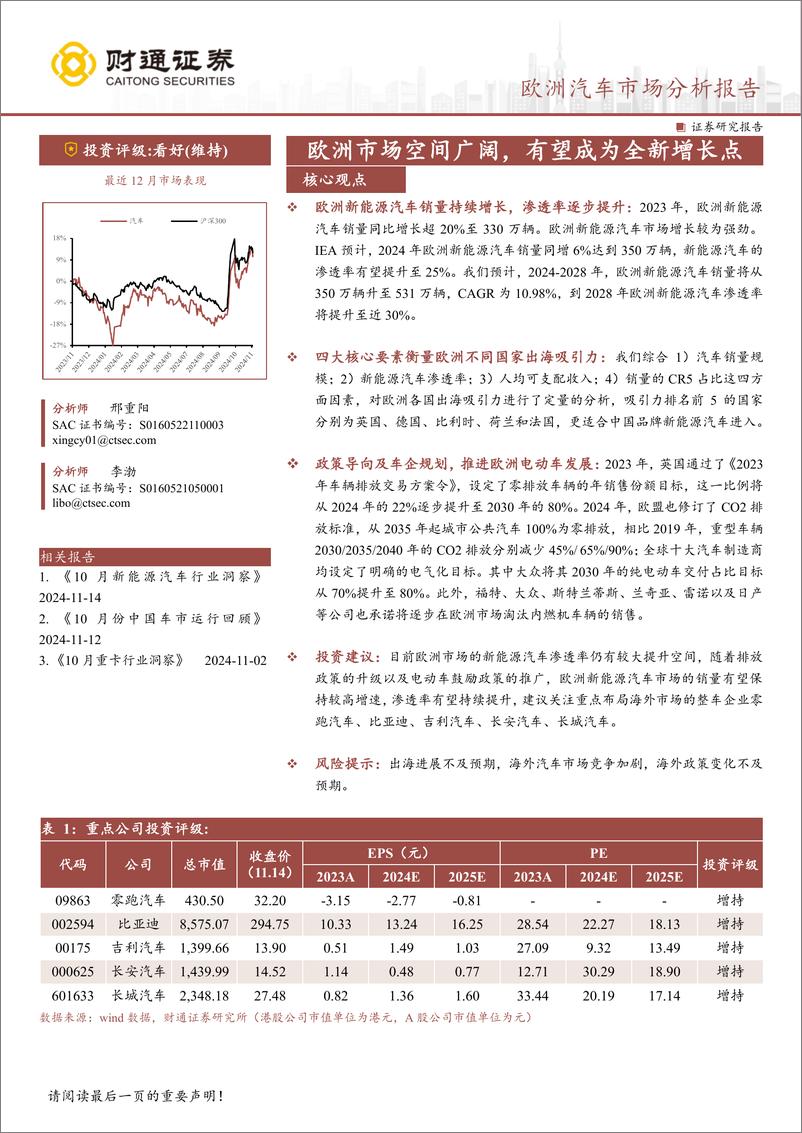 《欧洲汽车行业市场分析报告：欧洲市场空间广阔，有望成为全新增长点-241115-财通证券-26页》 - 第1页预览图