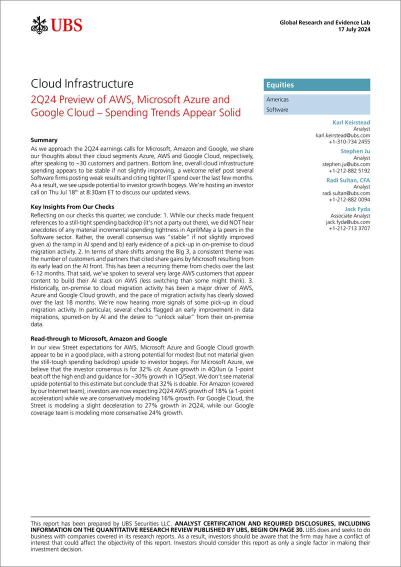 《UBS Equities-Cloud Infrastructure _2Q24 Preview of AWS, Microsoft Azure a...-109291804》 - 第1页预览图