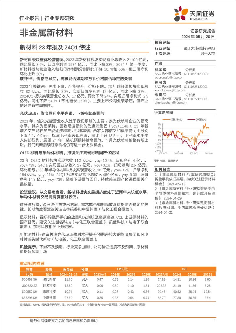 《非金属新材料行业专题研究：新材料23年报及24Q1综述-240520-天风证券-15页》 - 第1页预览图