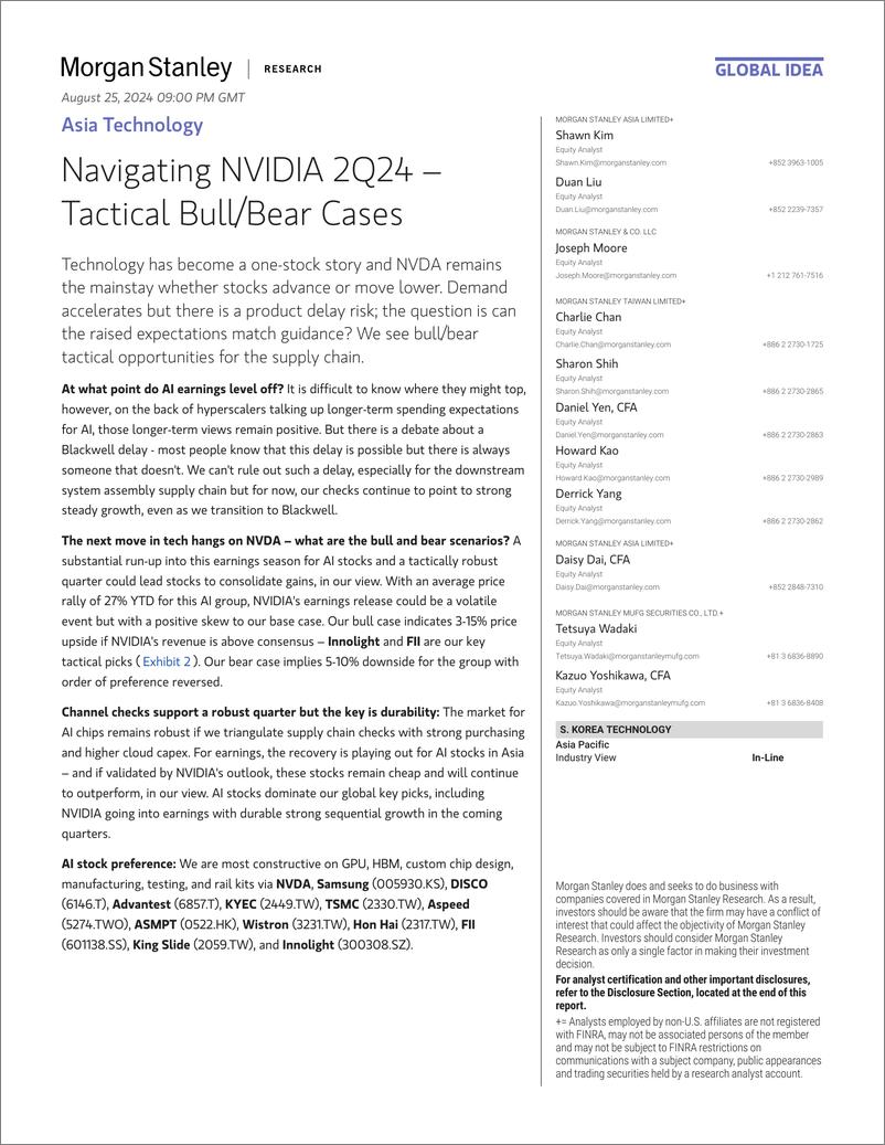 《NVDA.OQ-Morgan Stanley-Asia Technology Navigating NVIDIA 2Q24 – Tactical BullBear...-110009449》 - 第1页预览图