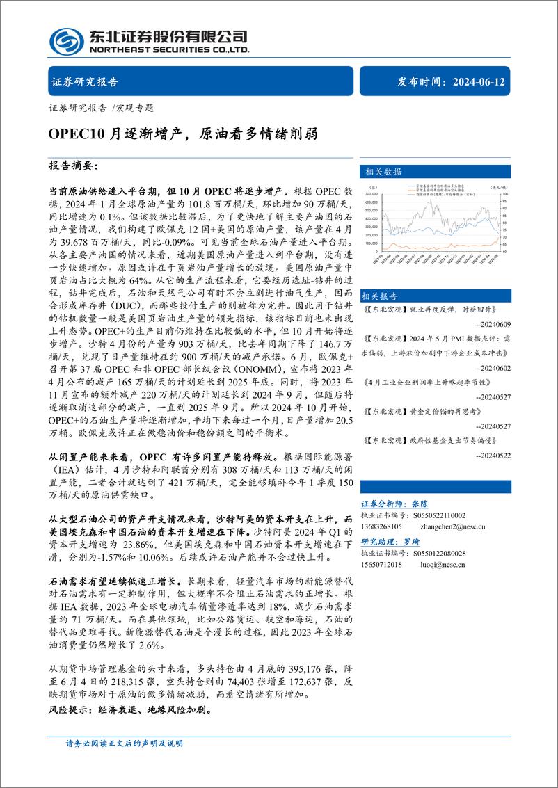 《宏观专题：OPEC10月逐渐增产，原油看多情绪削弱-240612-东北证券-15页》 - 第1页预览图