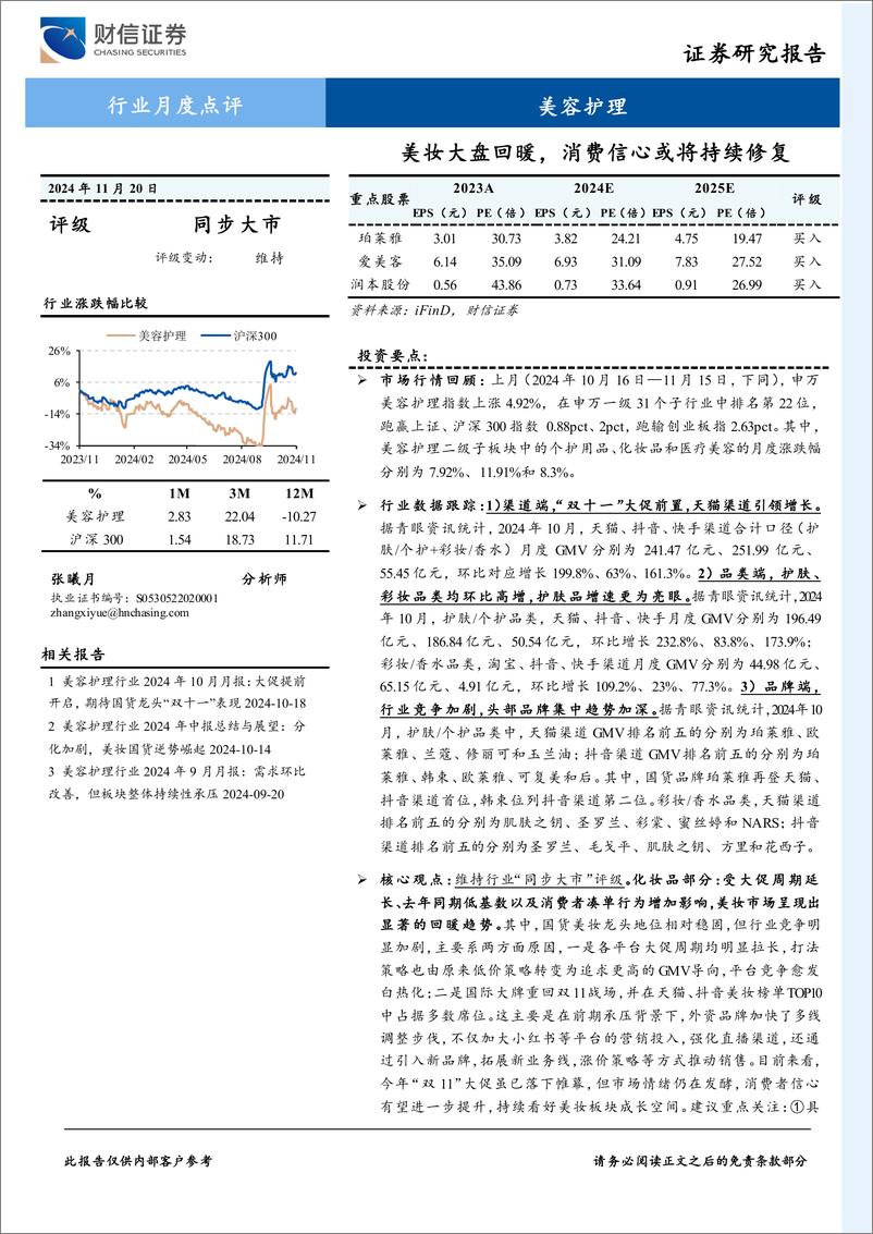 《美容护理行业月度点评：美妆大盘回暖，消费信心或将持续修复-241120-财信证券-12页》 - 第1页预览图