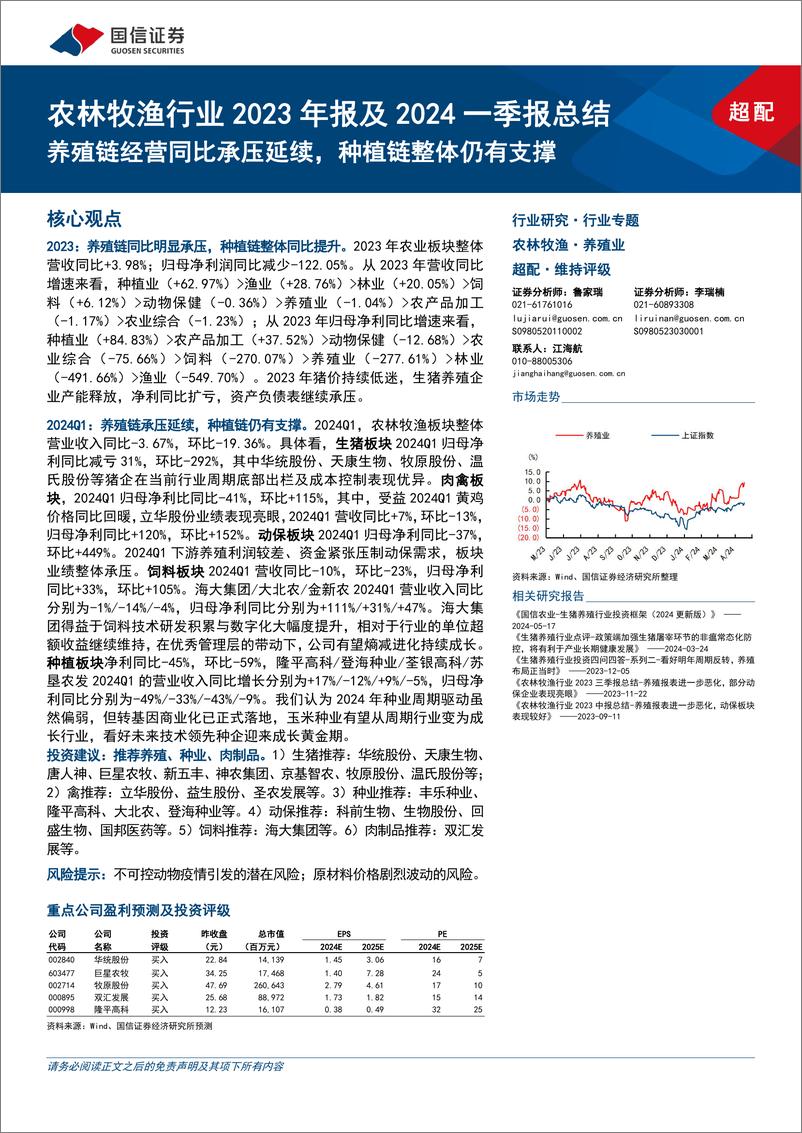 《农林牧渔行业2023年报及2024一季报总结：养殖链经营同比承压延续，种植链整体仍有支撑-240519-国信证券-16页》 - 第1页预览图