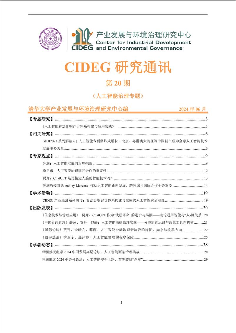 《2024人工智能治理专题：CIDEG＋研究通讯第20期-清华大学产业发展与环境治理研究中心-31页》 - 第1页预览图