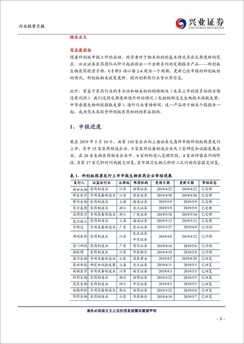 《医药生物行业科创板生物医药投资定期报告：科创板生物医药投资手册第3期-20190519-兴业证券-19页》 - 第4页预览图