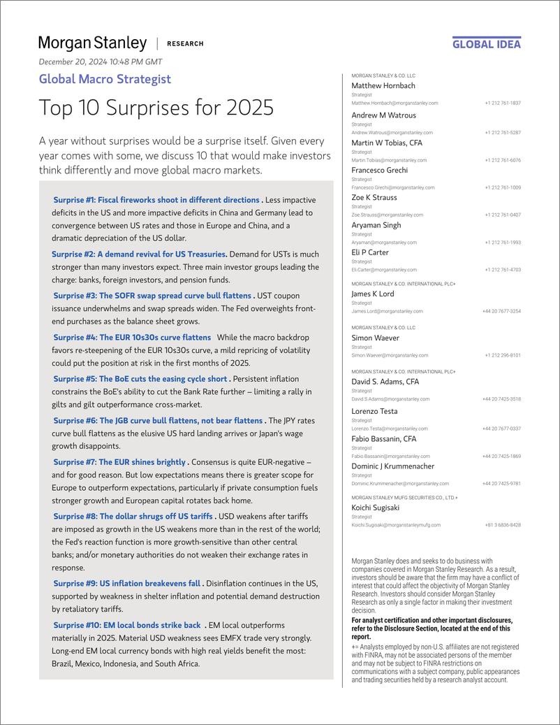 《Morgan Stanley Fixed-Global Macro Strategist Top 10 Surprises for 2025-112320384》 - 第1页预览图