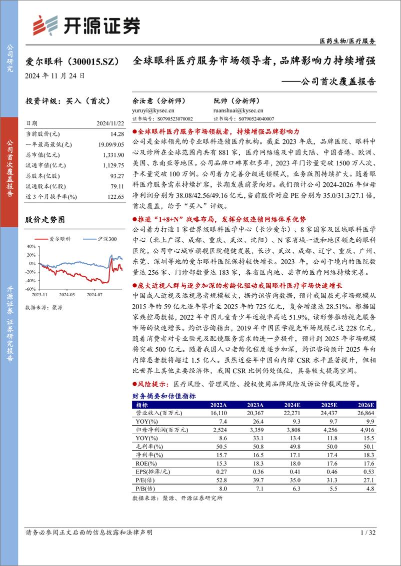 《爱尔眼科(300015)公司首次覆盖报告：全球眼科医疗服务市场领导者，品牌影响力持续增强-241124-开源证券-32页》 - 第1页预览图