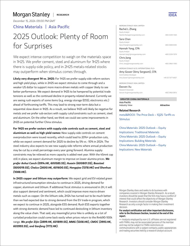 《Morgan Stanley-China Materials 2025 Outlook Plenty of Room for Surprises-112223359》 - 第1页预览图