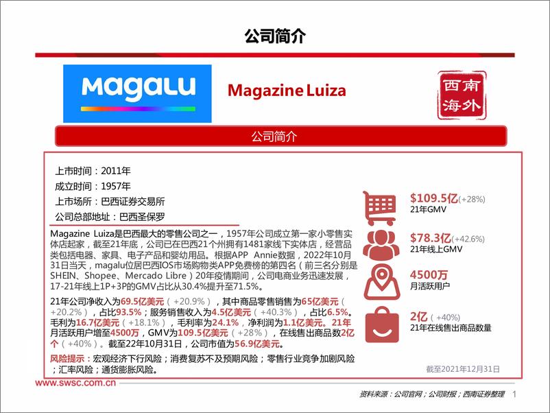 《零售行业Magalu：拉美零售龙头，线下实体店+线上平台双轮驱动-20221109-西南证券-25页》 - 第3页预览图