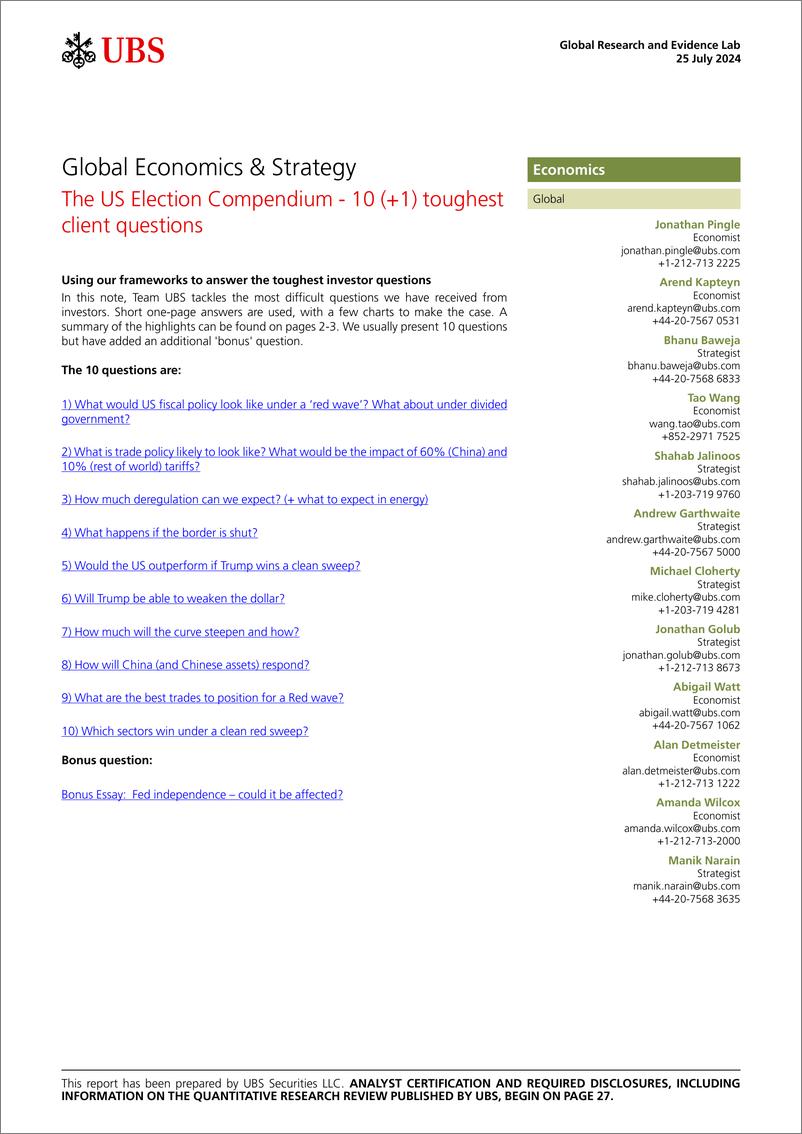 《UBS Economics-Global Economics  Strategy _The US Election Compendium - 10.. (1)》 - 第1页预览图