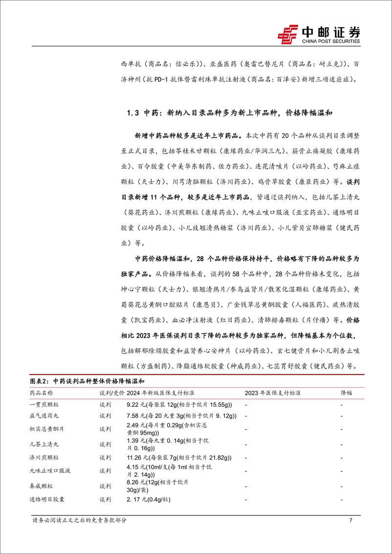 《医药生物行业点评报告：2024年医保目录坚定支持“真创新”，新进医保目录创新药有望充分受益-241128-中邮证券-12页》 - 第7页预览图