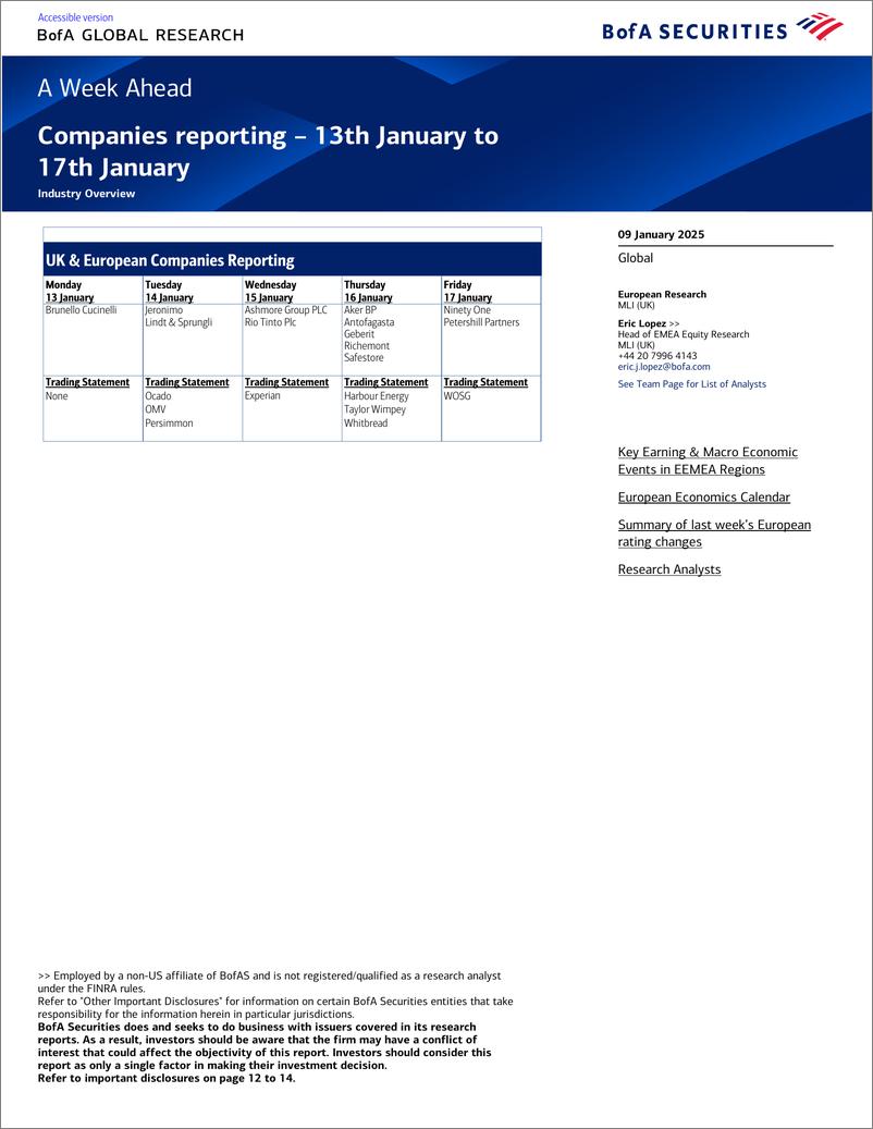 《BofA_A Week Ahead Companies reporting – 13th January to 17th January》 - 第1页预览图