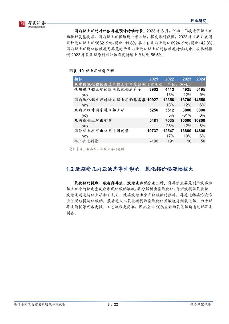 《铝系列专题一：氧化铝供给趋紧，关注高自给率铝企》 - 第8页预览图